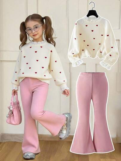 SHEIN Young Girl Lace Trim Heart Pattern Casual Sweater, Red, Winter, Fairy, School, Back-To-School Embroidered Knit Autumn Top Cute Christmas For Young Girls