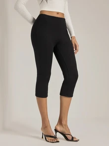 SHEIN Tall 女款休閒百搭純色緊身褲，健身運動黑色夏季/秋季外出下著，羅紋面料低腰七分褲，高身長款 - 黑色 - 查看 5