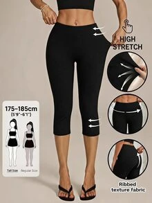 SHEIN Tall 女款休閒百搭純色緊身褲，健身運動黑色夏季/秋季外出下著，羅紋面料低腰七分褲，高身長款 - 黑色 - 查看 8