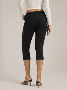 SHEIN Tall 女款休閒百搭純色緊身褲，健身運動黑色夏季/秋季外出下著，羅紋面料低腰七分褲，高身長款 - 黑色 - 查看 2