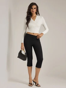 SHEIN Tall 女款休閒百搭純色緊身褲，健身運動黑色夏季/秋季外出下著，羅紋面料低腰七分褲，高身長款 - 黑色 - 查看 6