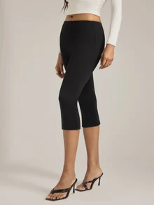 SHEIN Tall 女款休閒百搭純色緊身褲，健身運動黑色夏季/秋季外出下著，羅紋面料低腰七分褲，高身長款 - 黑色 - 查看 4