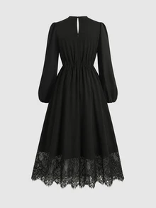 SHEIN 少女春秋冬針織黑色長洋裝，小立領、對比飾邊、肩部褶皺設計、燈籠長袖、收腰、蕾絲下擺，適合休閒度假、節日派對、日常穿著 - 黑色 - 查看 4