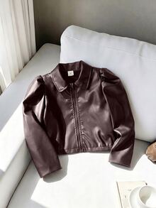 SHEIN Young Girl Autumn Fashion Versatile Petal Sleeve Jacket - Brown - View 7