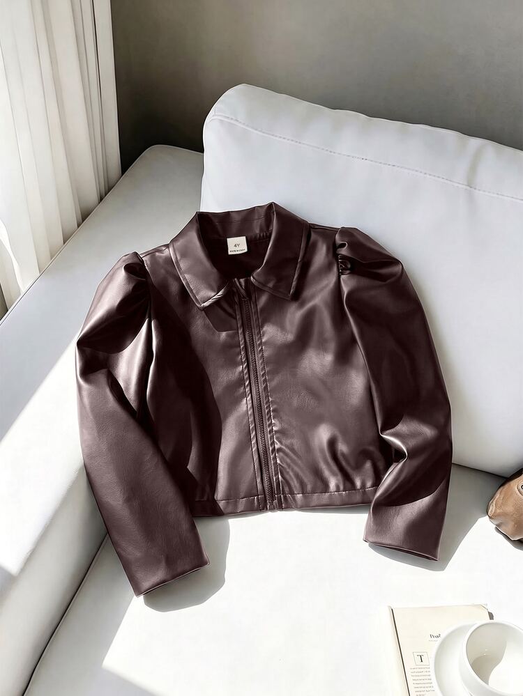 SHEIN Young Girl Autumn Fashion Versatile Petal Sleeve Jacket - Brown - View 7