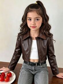 SHEIN Young Girl Autumn Fashion Versatile Petal Sleeve Jacket - Brown - View 1