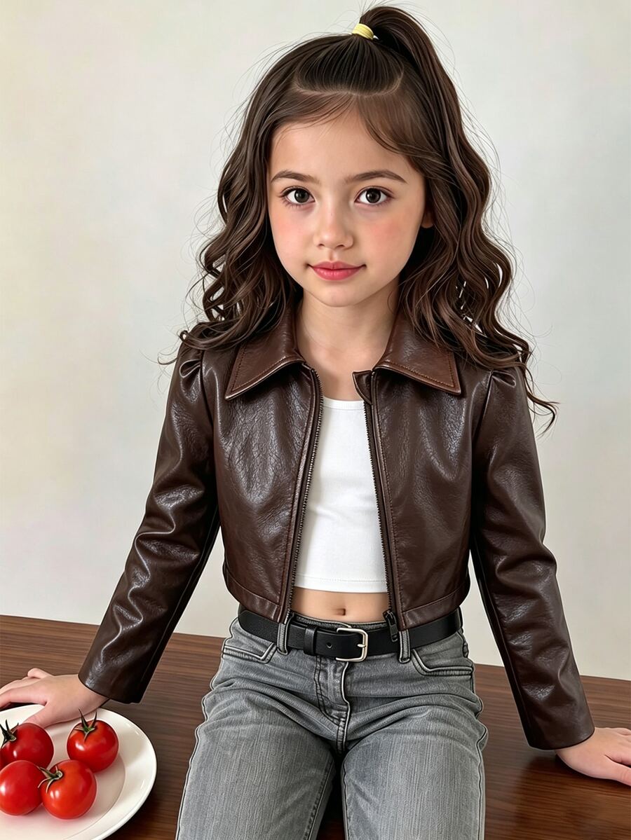 SHEIN Young Girl Autumn Fashion Versatile Petal Sleeve Jacket - Brown - View 1