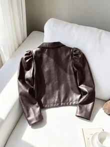 SHEIN Young Girl Autumn Fashion Versatile Petal Sleeve Jacket - Brown - View 2
