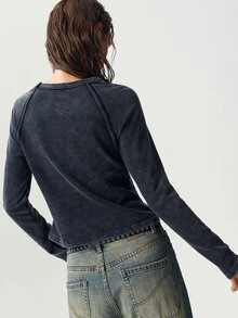 Bohemela Casual Solid Color Knitted Long Sleeve Slim Fit Women's T-Shirt - Black - View 6