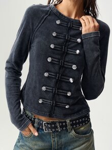 Bohemela Casual Solid Color Knitted Long Sleeve Slim Fit Women's T-Shirt - Black - View 2