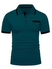 Manfinity Homme Men's Casual Contrast Color Cotton Cuff Button Half-Placket Polo Shirt Teal Men Polo Golf Shirt, Holiday, Formal - Teal Blue - View 3
