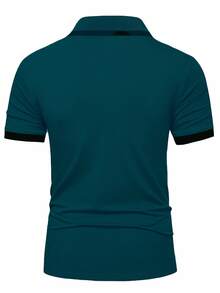 Manfinity Homme Men's Casual Contrast Color Cotton Cuff Button Half-Placket Polo Shirt Teal Men Polo Golf Shirt, Holiday, Formal - Teal Blue - View 2