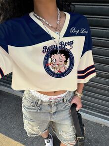 Slaydiva Betty Boop x SHEIN Plus Size Women V-Neck Cartoon Letter Print Casual Versatile Daily Wear T-Shirt - Multicolor - View 5