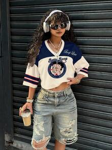 Slaydiva Betty Boop x SHEIN Plus Size Women V-Neck Cartoon Letter Print Casual Versatile Daily Wear T-Shirt - Multicolor - View 6