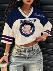 Slaydiva Betty Boop x SHEIN Plus Size Women V-Neck Cartoon Letter Print Casual Versatile Daily Wear T-Shirt - Multicolor - View 1