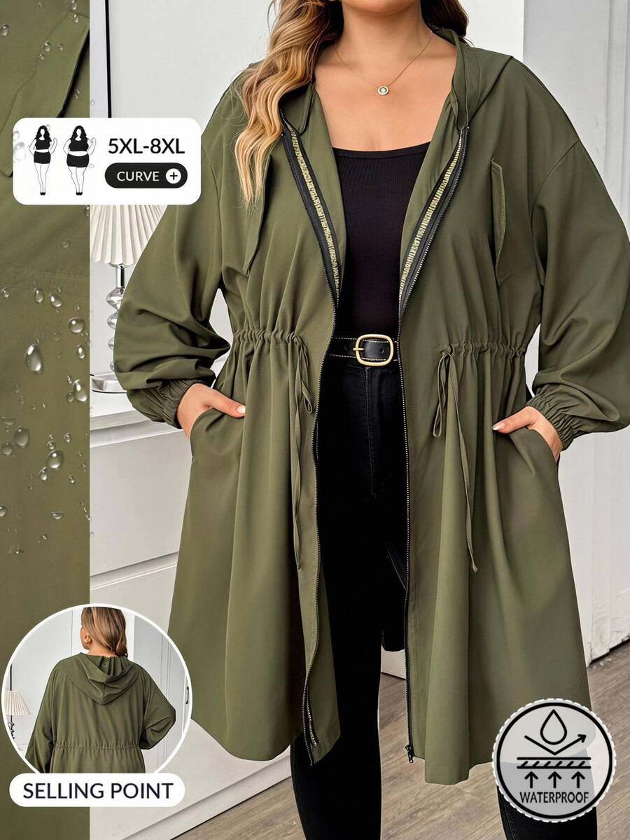 SHEIN CURVE+ 大尺碼純色連帽拉鍊休閒寬鬆優雅俐落長袖夾克 2026 秋冬 22W 戶外徒步 軍綠色 外出 教師 社團 - 綠色 - 查看 1