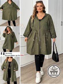 SHEIN CURVE+ 大尺碼純色連帽拉鍊休閒寬鬆優雅俐落長袖夾克 2026 秋冬 22W 戶外徒步 軍綠色 外出 教師 社團 - 綠色 - 查看 7