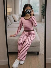 Tween Girls Versatile Pink Striped Colorblock Long Sleeve Top And Light Gray Pants 2 Pieces Set - Pink - View 5