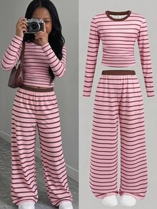 Tween Girls Versatile Pink Striped Colorblock Long Sleeve Top And Light Gray Pants 2 Pieces Set - Pink - View 11