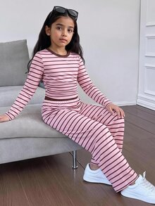 Tween Girls Versatile Pink Striped Colorblock Long Sleeve Top And Light Gray Pants 2 Pieces Set - Pink - View 1
