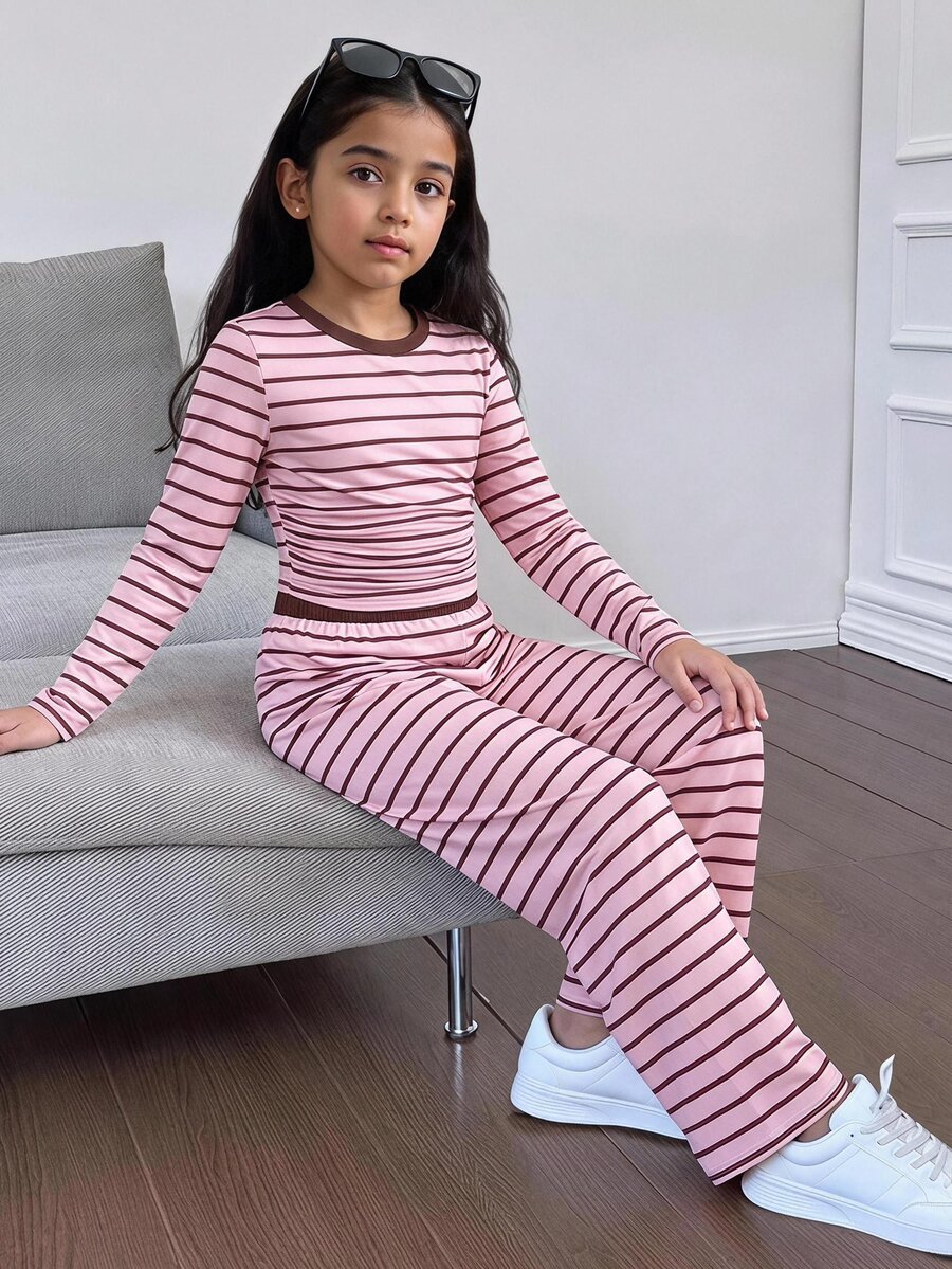 Tween Girls Versatile Pink Striped Colorblock Long Sleeve Top And Light Gray Pants 2 Pieces Set - Pink - View 1