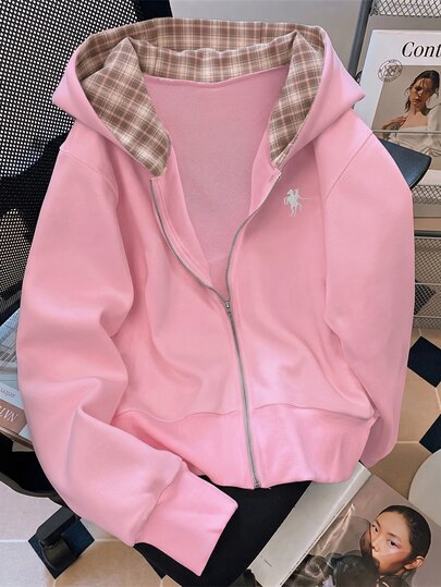 GlowEve Sweatshirt Wanita Lengan Panjang Motif Kotak-kotak Kontras dengan Resleting Depan dan Cetakan Huruf, Gaya Kasual Terbaru yang Modis