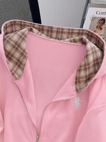 GlowEve Fashionable New Casual Style Long Sleeve Contrast Plaid Zipper Front Letter Print Women's Sweatshirt - Pink - View 4