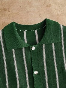 HIMLAND Men's Knitted Short Sleeve Striped Button-Up Cardigan Shirt, New Casual Commute Top - Green - View 4