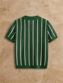 HIMLAND Men's Knitted Short Sleeve Striped Button-Up Cardigan Shirt, New Casual Commute Top - Green - View 3