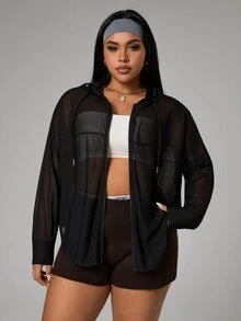 Rhythm Era Plus Size Solid Color Sheer Jacquard Hooded Long Sleeve Sports Jacket Fall - Black - View 4