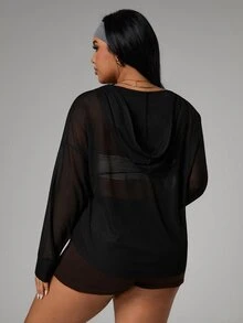 Rhythm Era Plus Size Solid Color Sheer Jacquard Hooded Long Sleeve Sports Jacket Fall - Black - View 2