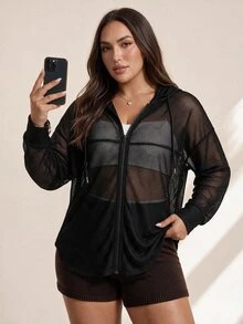 Rhythm Era Plus Size Solid Color Sheer Jacquard Hooded Long Sleeve Sports Jacket Fall - Black - View 1