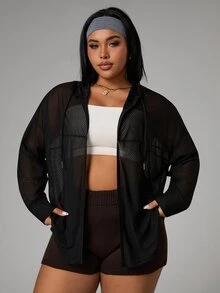 Rhythm Era Plus Size Solid Color Sheer Jacquard Hooded Long Sleeve Sports Jacket Fall - Black - View 3