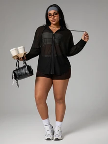 Rhythm Era Plus Size Solid Color Sheer Jacquard Hooded Long Sleeve Sports Jacket Fall - Black - View 6