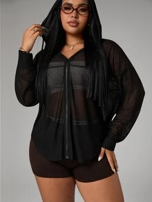 Rhythm Era Plus Size Solid Color Sheer Jacquard Hooded Long Sleeve Sports Jacket Fall - Black - View 7