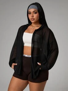 Rhythm Era Plus Size Solid Color Sheer Jacquard Hooded Long Sleeve Sports Jacket Fall - Black - View 5