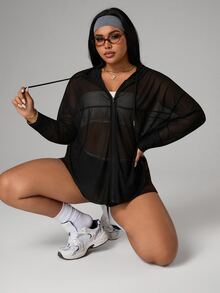 Rhythm Era Plus Size Solid Color Sheer Jacquard Hooded Long Sleeve Sports Jacket Fall - Black - View 8