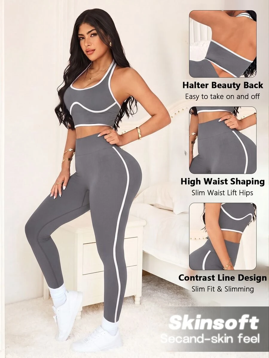 SHEIN Sports 對比包邊露背掛脖上衣與緊身褲運動套裝 - 灰色 - 查看 1