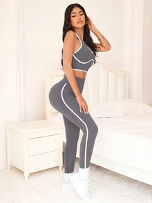 SHEIN Sports 對比包邊露背掛脖上衣與緊身褲運動套裝 - 灰色 - 查看 5