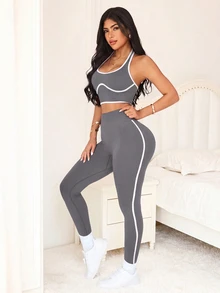 SHEIN Sports 對比包邊露背掛脖上衣與緊身褲運動套裝 - 灰色 - 查看 3
