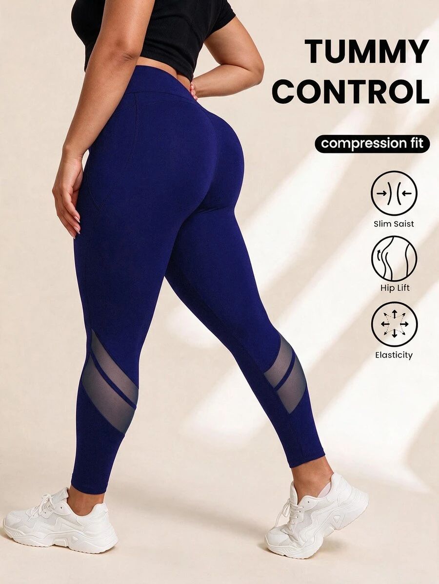 Rhythm Era High Waist Mesh Patchwork Tummy Control Lifting Sports Leggings With Side Pockets Gym Navy Blue Summer