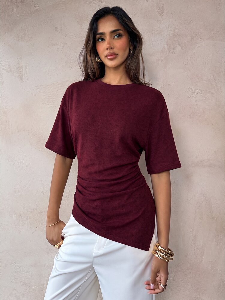 Aloruh Women's Casual Versatile Brown T-Shirt, Summer T-Shirt, Round Neck T-Shirt, Waist-Cinching Asymmetrical T-Shirt - Burgundy - View 5