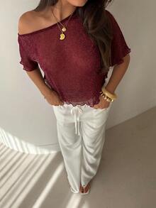 Aloruh Asymmetrical Shoulder Metallic Thread Top - Burgundy - View 7