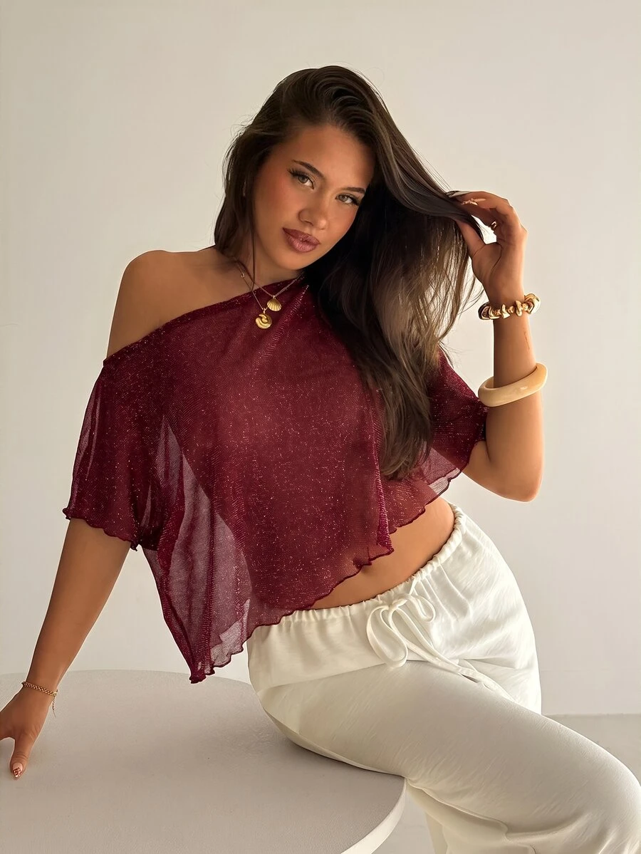 Aloruh Asymmetrical Shoulder Metallic Thread Top - Burgundy - View 1