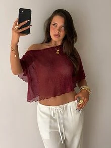 Aloruh Asymmetrical Shoulder Metallic Thread Top - Burgundy - View 5