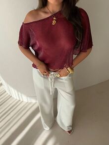 Aloruh Asymmetrical Shoulder Metallic Thread Top - Burgundy - View 6