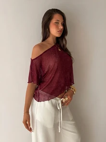 Aloruh Asymmetrical Shoulder Metallic Thread Top - Burgundy - View 3