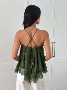 Aloruh 女款優雅蕾絲拼接交叉背帶背心上衣 - 軍綠色 - 查看 2
