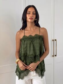 Aloruh 女款優雅蕾絲拼接交叉背帶背心上衣 - 軍綠色 - 查看 5