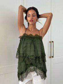 Aloruh 女款優雅蕾絲拼接交叉背帶背心上衣 - 軍綠色 - 查看 4